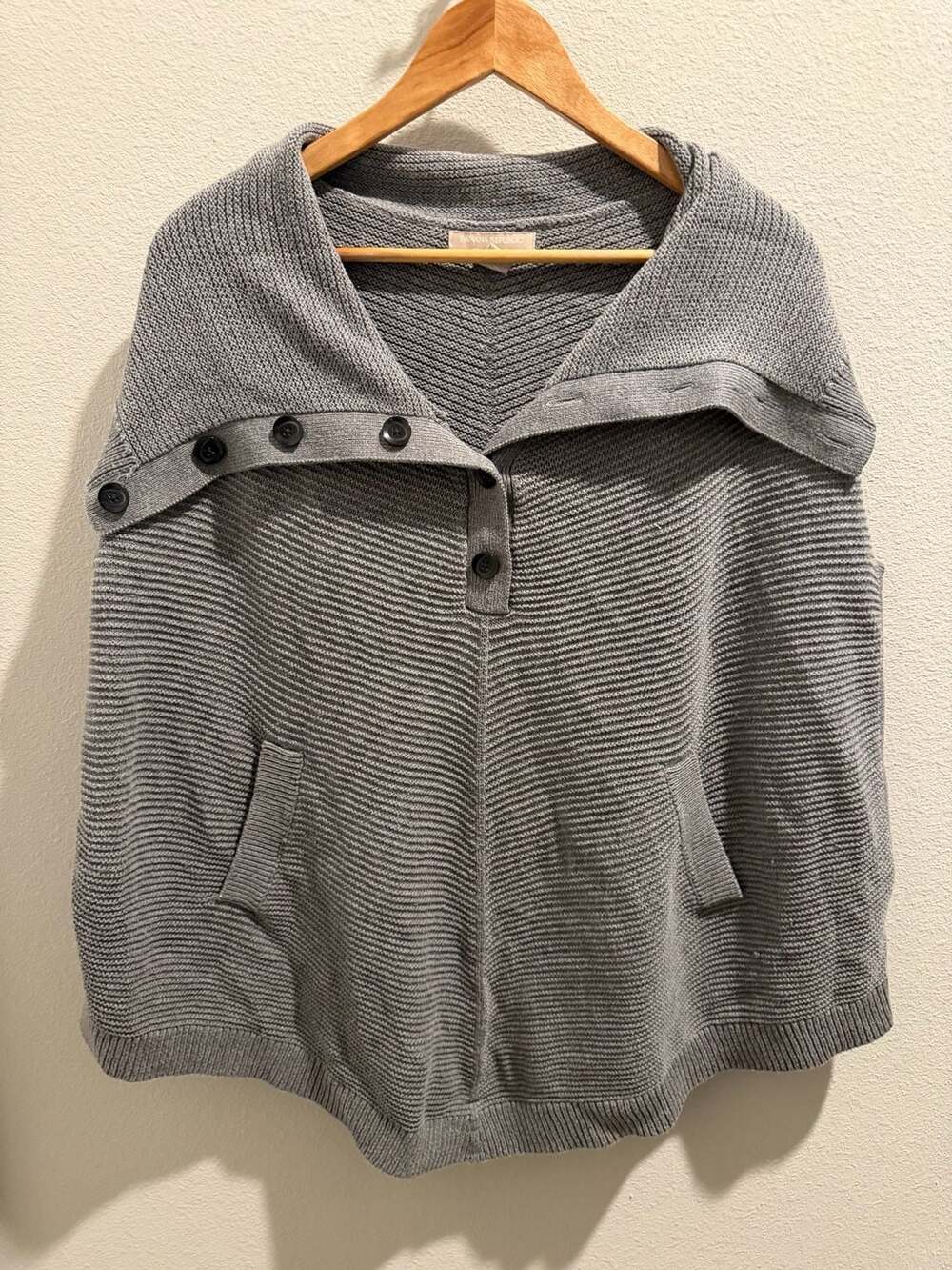 Banana Republic Grey Ribbed Knit Buttoned Poncho Cape Sweater